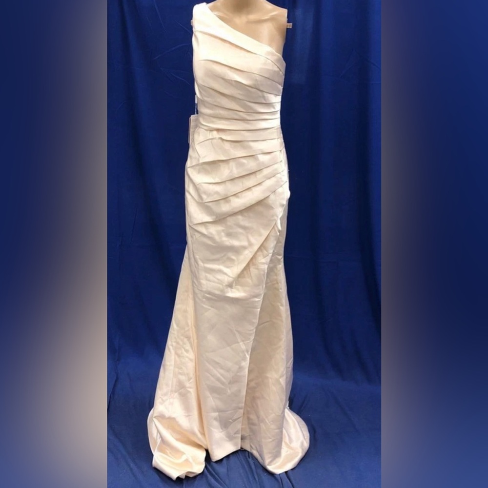 Stacees Sheath One-Shoulder Floor Length Satin Dress Pleated Split S4 Champagne